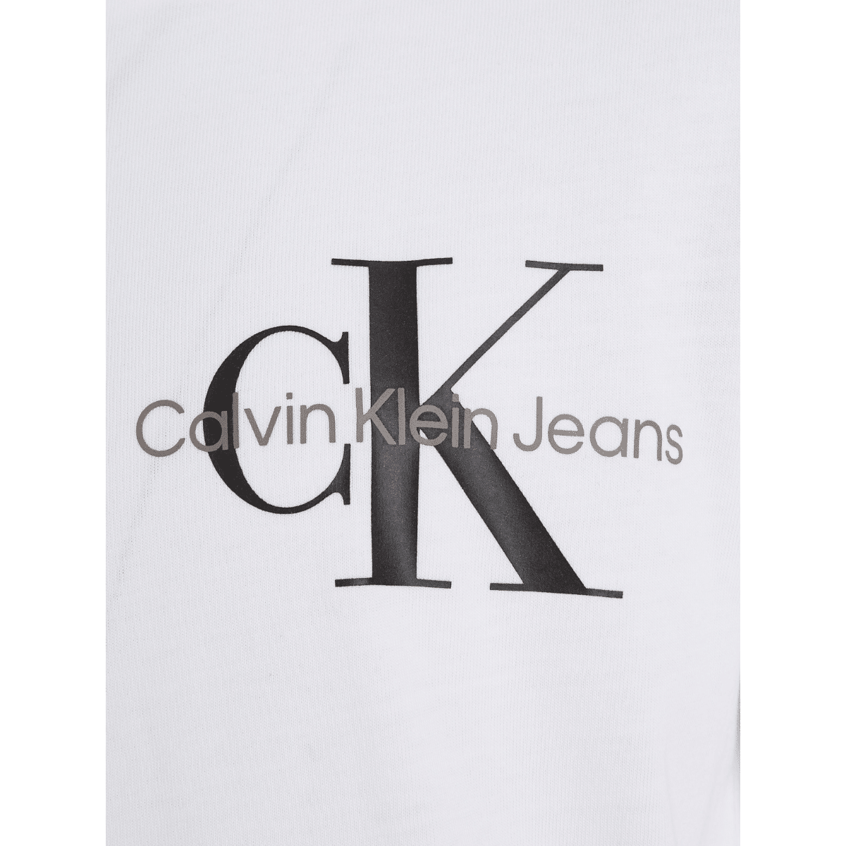 calvin klein childrens white long sleeved top with black logo close up of logo