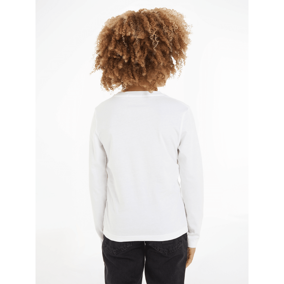 calvin klein childrens white tshirt with black logo on model back view