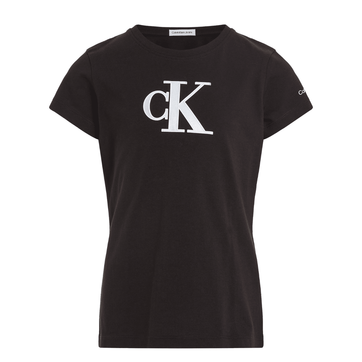 calvin klein girls black tshirt with large logo white background