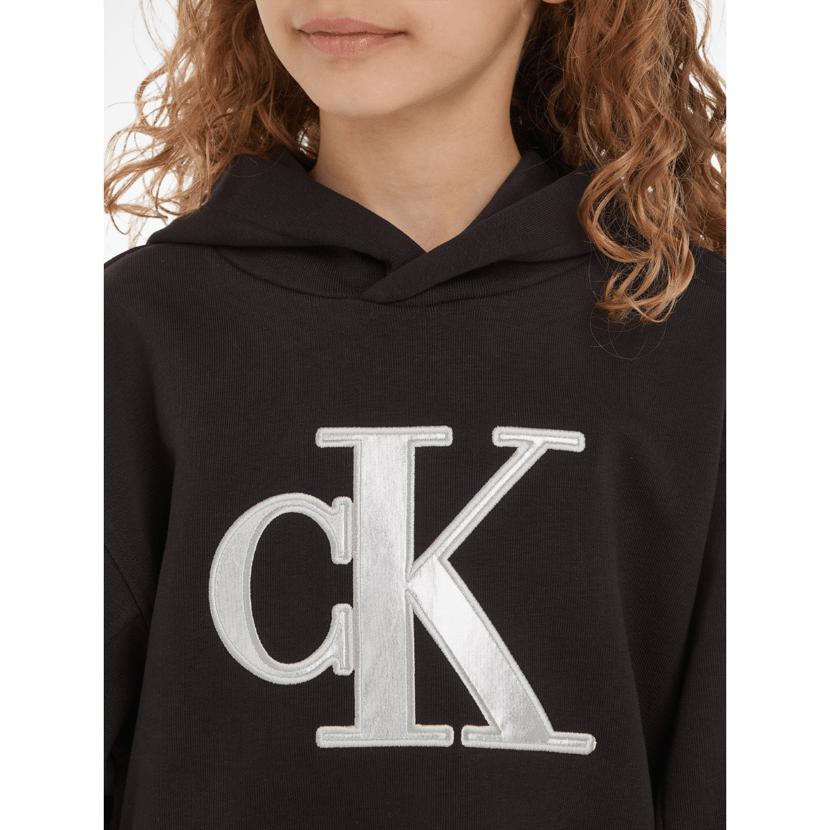 calvin klein girls black hoodie with large silver metallic logo