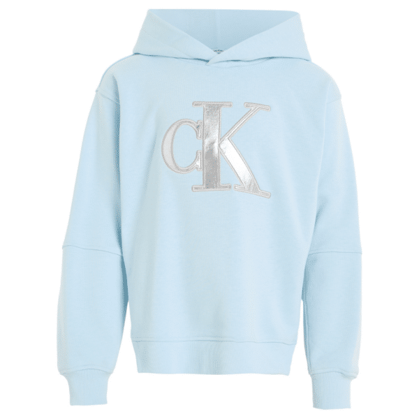 calvin klein unisex childrens pale blue hoodie with silver metallic logo