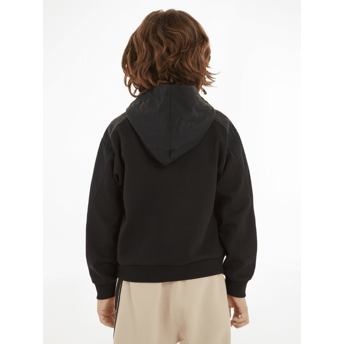 calvin klein unisex childrens black hoodie with white logo back view on model