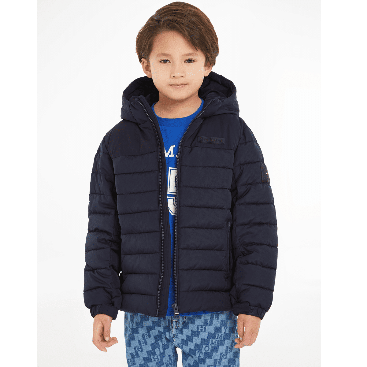 Tommy hilfiger boys new york black hooded jacket on model front view
