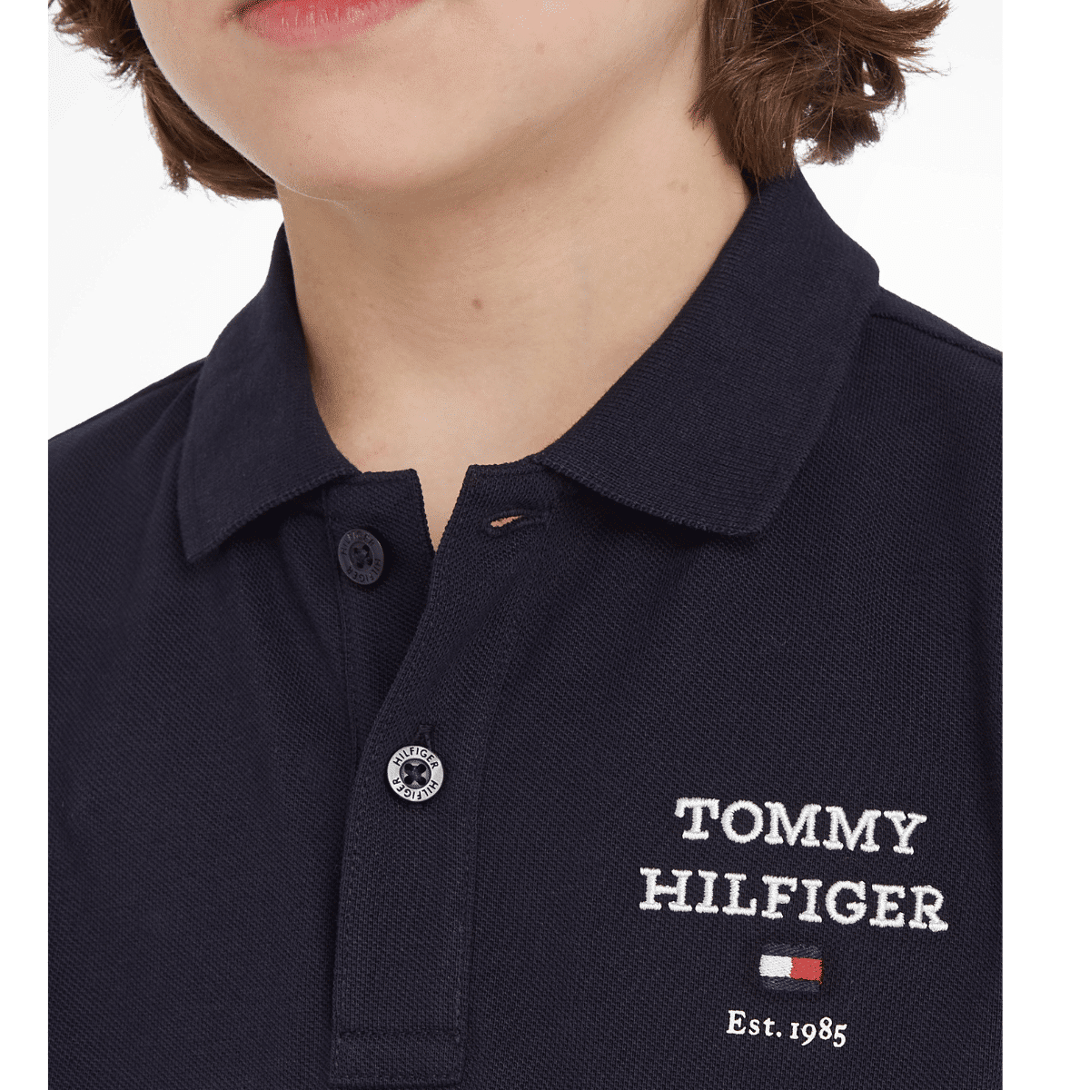 Tommy hilfiger boys black polo shirt logo close up
