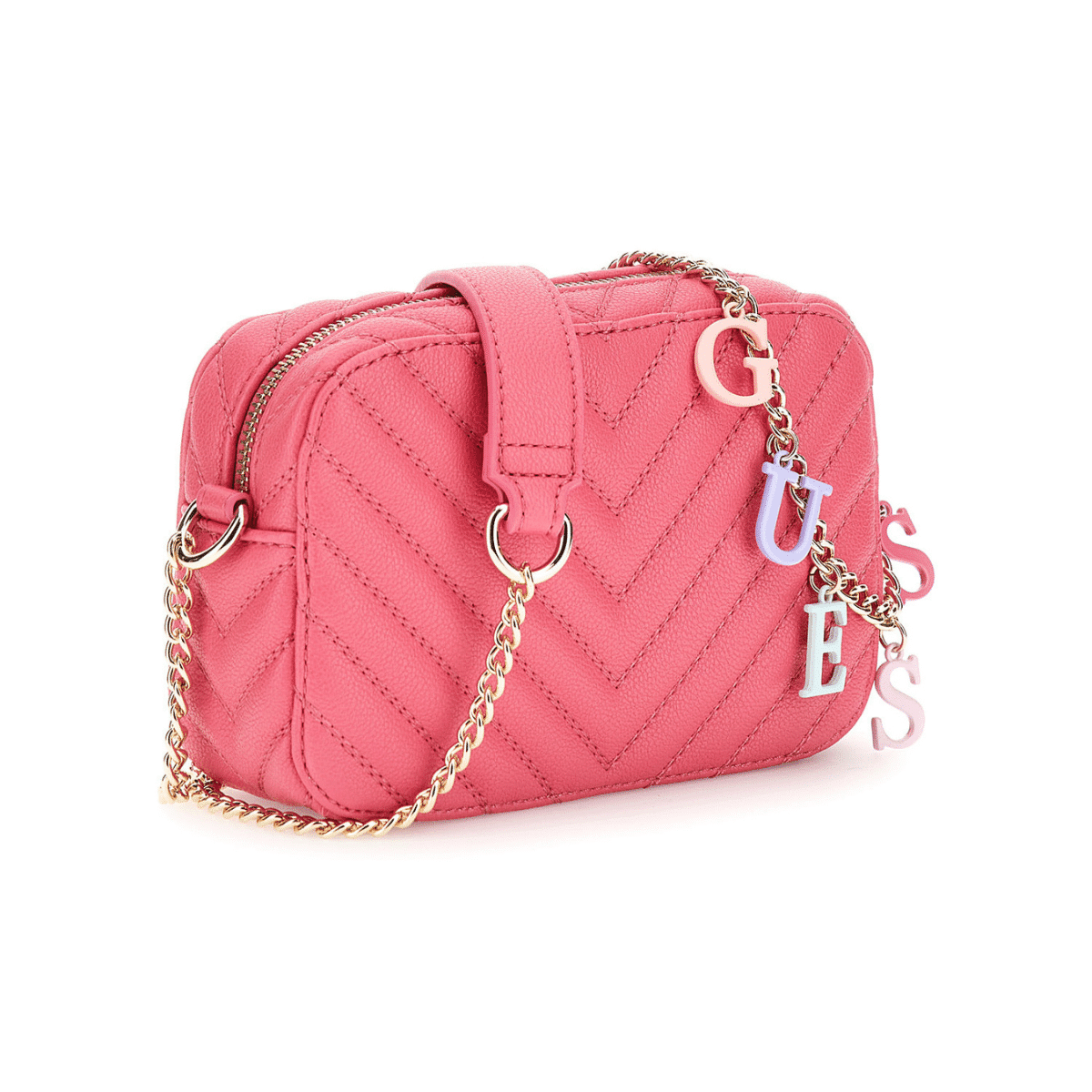 guess girl pink handbag with gold strap side view