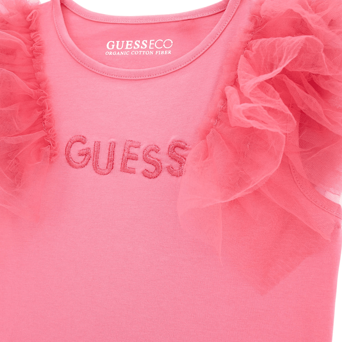 guess girls pink shirt with frilly sleeves close up
