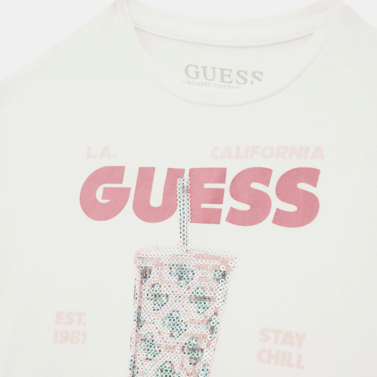 guess girls whit tshirt with sequinned drink embellishment
