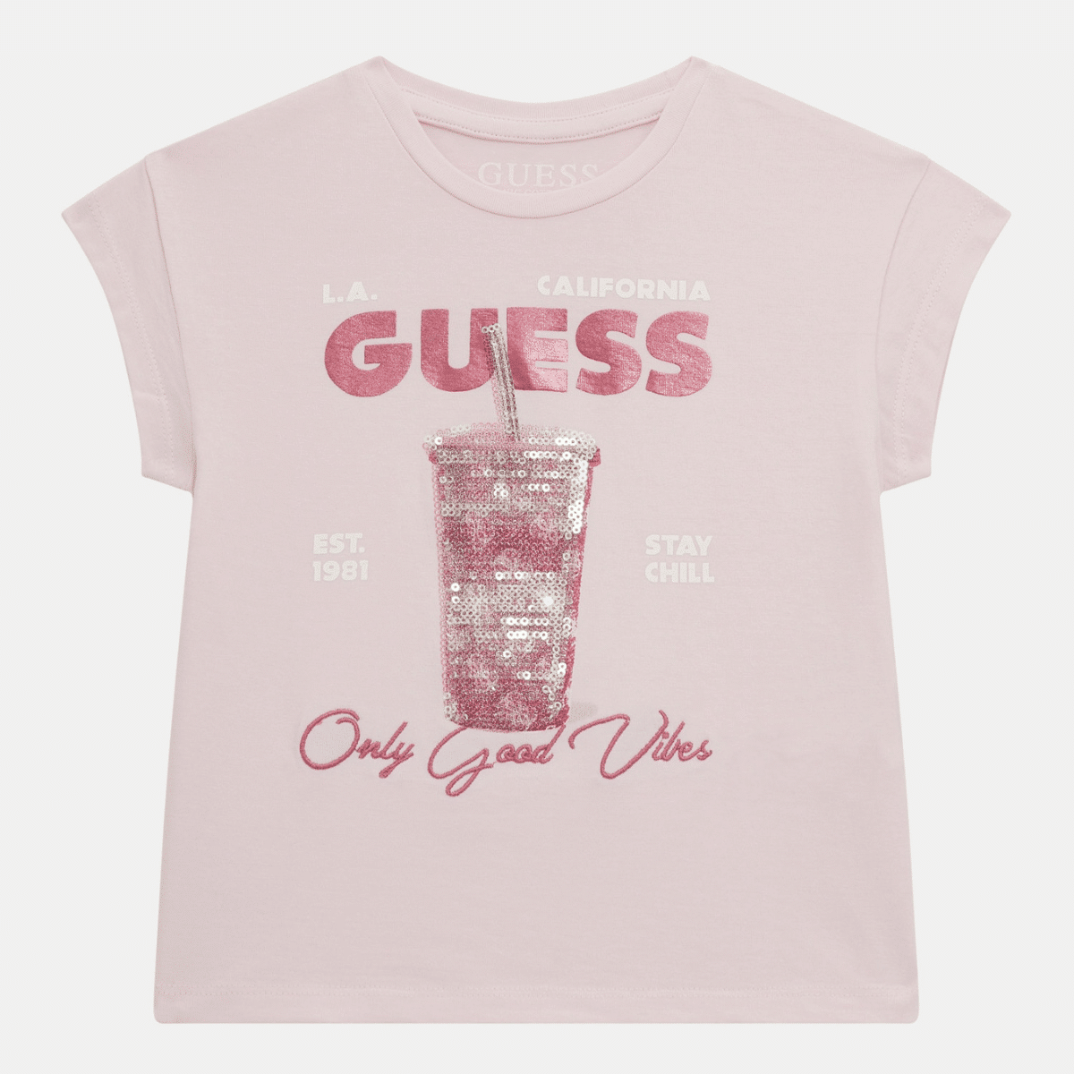 guess girls pink tshirt with sequinned drink embellishment